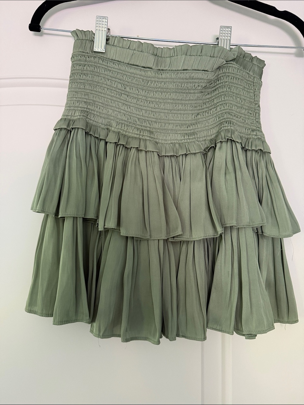 Pookie & Sebastian Tiered Ruffle Mini Skirt in Sage Green - Picture 3 of 5